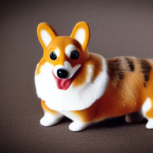 Image similar to realistic photo of corgi with saddle, cat on top of it