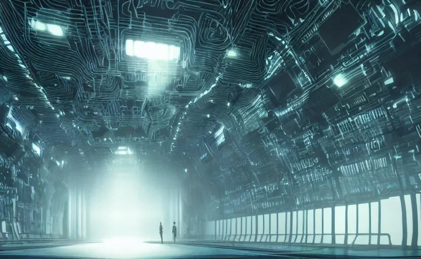 Image similar to extremely detailed cinematic movie still 3 0 7 7 foggy portrait shot of a robot dancing in an endless data centre by denis villeneuve, wayne barlowe, simon birch, marc simonetti, philippe druillet, beeple, bright volumetric sunlight from small windows, rich moody colors, closeup