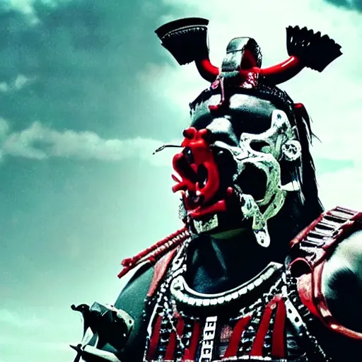 Image similar to fierce big muscular samurai wearing a cybernetic oni mask, amazing accurate movie still