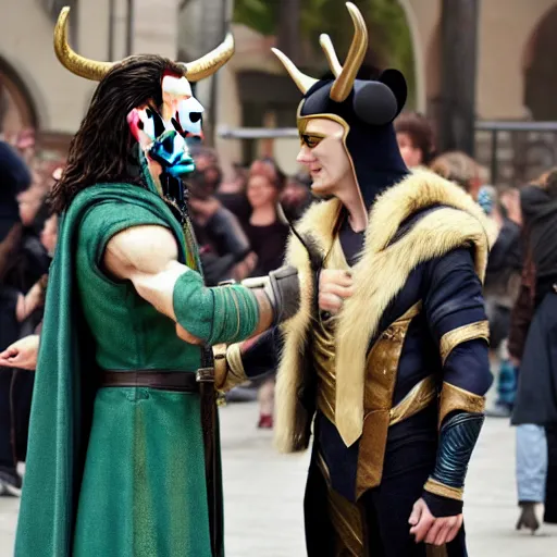 Prompt: Tom Hiddleston dressed as his character Loki and flirting with a skinny blonde woman wearing Mickey Mouse ears