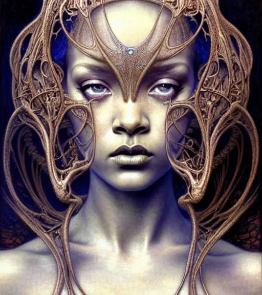 Prompt: detailed realistic beautiful young medieval alien robot rihanna face portrait by jean delville, gustave dore and marco mazzoni, art nouveau, symbolist, visionary, gothic, pre - raphaelite. horizontal symmetry by zdzisław beksinski, iris van herpen, raymond swanland and alphonse mucha. highly detailed, hyper - real, beautiful, fractal baroque