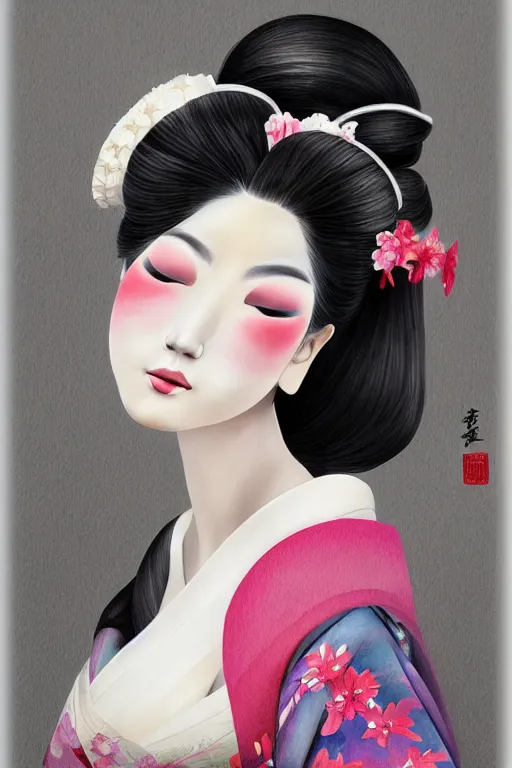 Image similar to beauty geisha, digital art, 8k, character, realistic, portrait, photorealism, japan watercolour, masterpiece art