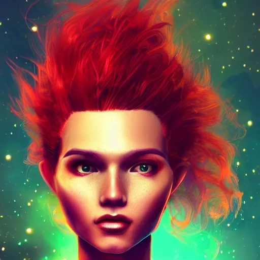 Prompt: beautiful cosmic girl, messy vibrant red hair, medium shot, elegant pose, cosmonaut, scifi, slender symmetrical face and body, artstation, cinematic lighting, hyperdetailed, 8k, HD, golden ration, vfx, postprocessing