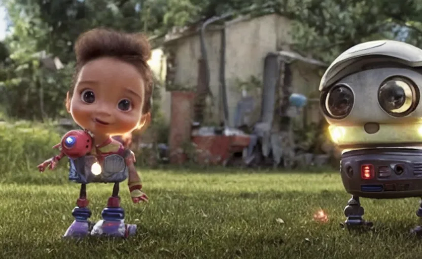 Image similar to movie still from the 2 0 2 2 sequel to batteries not included produced by steven spielberg, starring small very - cute walking and flying ufo - shaped robots who are helping impoverished residents of an orphanage in eastern europe. science - fiction comedy.