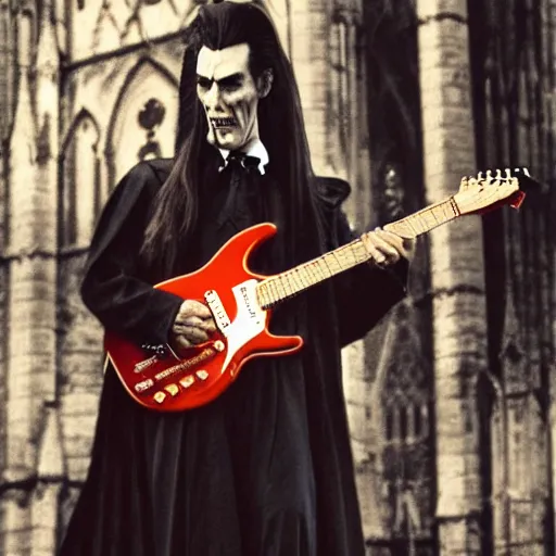 Image similar to UHD candid photo of Count Dracula playing electric guitar in front of a gothic cathedral, with accurate face, UHD, photorealistic, correct face, real Gibson guitar, photo by Annie Leibowitz