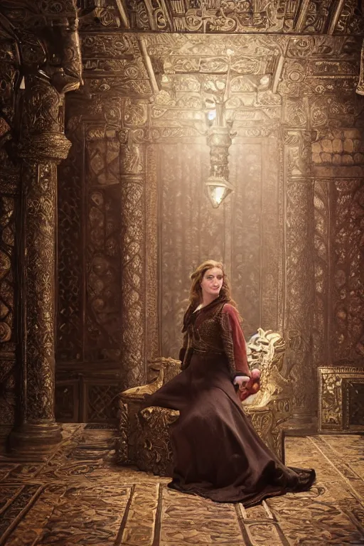 Image similar to the elder scrolls vi, charismatic regal brunette female jarl, portrait, rustic throne room, atmospheric lighting, painted, intricate, volumetric lighting, beautiful, daytime,, slight overcast weather, 4 0 0 0 k, sharp focus, deep colours, ultra detailed, by leesha hannigan, ross tran, thierry doizon, kai carpenter, ignacio fernandez rios