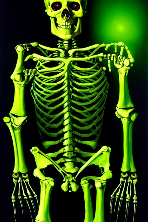 Prompt: portrait of a cybernetic skeleton holding one hand aloft, glowing green candles, oil painting, high detail, dark lighting, atmospheric, extremely detailed, intricate, da vinci, michelangelo, caravaggio, hans holbein, raphael, donatello, 8 k