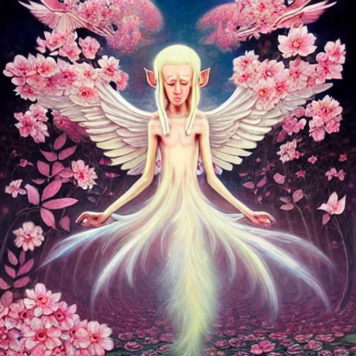 Prompt: a beautiful pale elf with wings bursting from her back, pink, flower blossoms, hyper detailed, kawaii, by jacek yerka, lewandowski, hopper and gilleard, ryden, wolfgang lettl, hints of yayoi kasuma