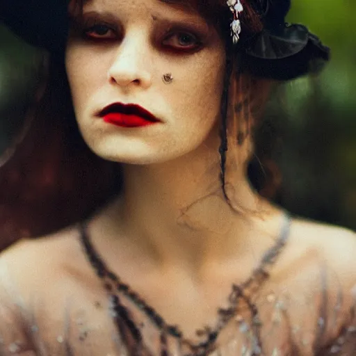 Image similar to A beautiful portrait of a lady vampire, victorian, photography, 35mm, depth of field, bokeh, soft light, cinematic, steve mccurry