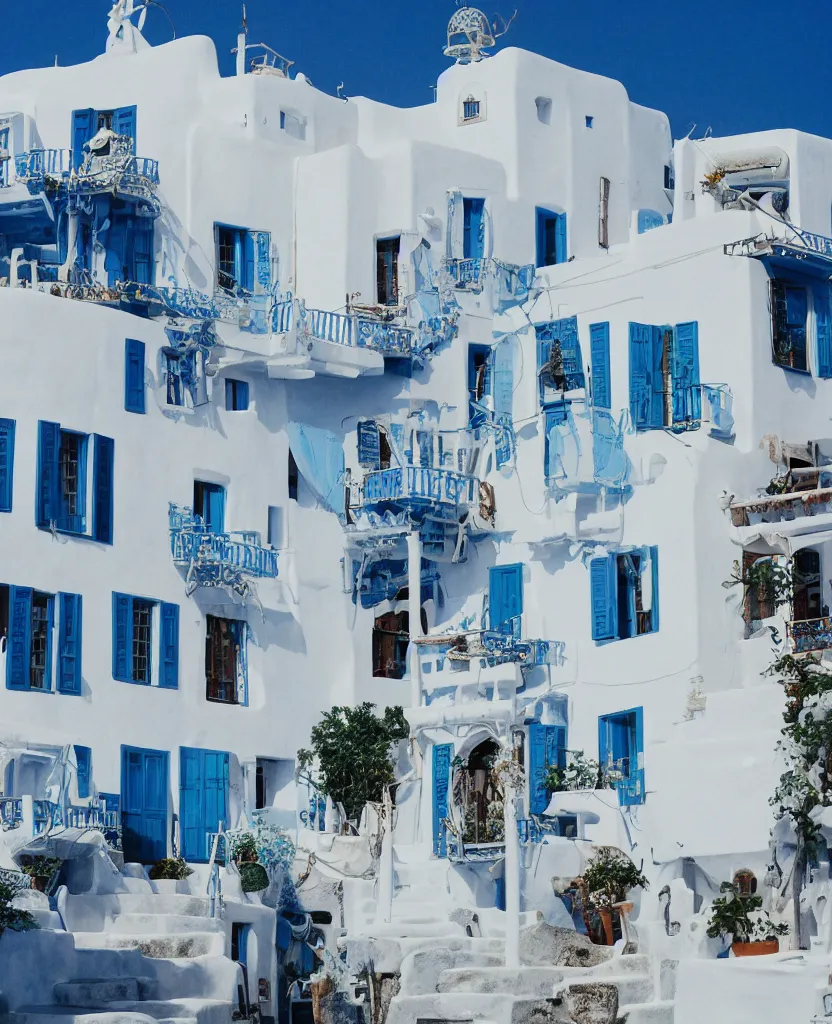 Image similar to studio ghibli white steampunk house with a blue roof, in mykonos, the greek isles, 35mm photography