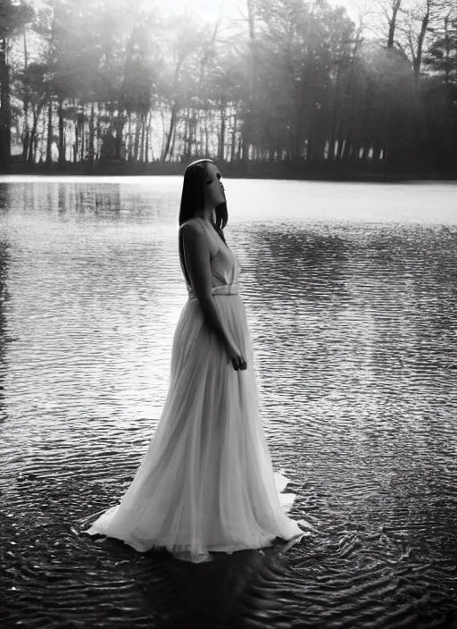 Prompt: symmetry!! a 2 8 mm macro photo of a woman in a formal gown emerging from a lake, misty, morning, splash art, movie still, bokeh, canon 5 0 mm, cinematic lighting, dramatic, film, photography, golden hour, depth of field, award - winning, anamorphic lens flare, 8 k, hyper detailed, 3 5 mm film grain