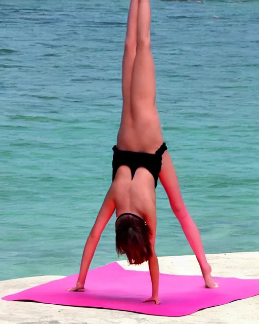Image similar to emma watson doing a headstand yoga pose in bikini