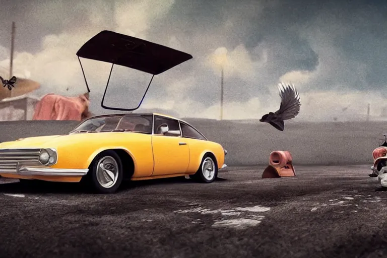 Prompt: hyperrealism aesthetic photography of detailed bird car in surreal scene from detailed art house movie in style of denis villeneuve and wes anderson