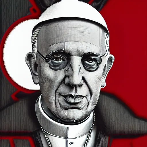 Image similar to cyberpunk pope francis with mitre as the leader of a futuristic communist nation, cybernetics, sharp lines, digital, artstation, colored in
