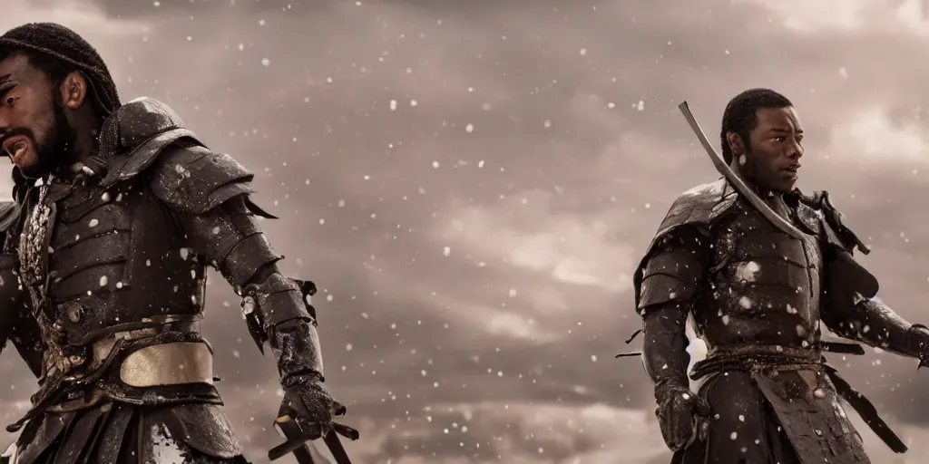 Prompt: a film still of a black man starring in a japanese blockbuster film as ancient samurai, fighting against alien creatures, snow, shallow depth of field, cinematic, award winning cgi, vfx, film still