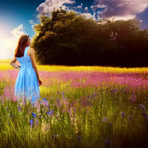 Image similar to A woman with a light blue dress lies on a flower meadow, highly-detailed, dramatic lighting, hyperrealistic, 4k, cinematic landscape