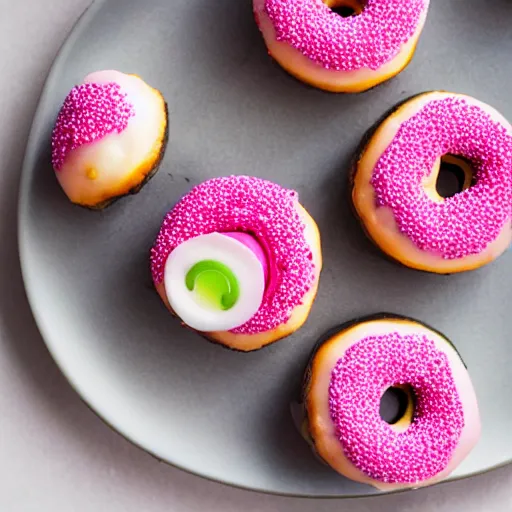 Image similar to a photo of a sushi doughnut with sprinkles and pink frosting