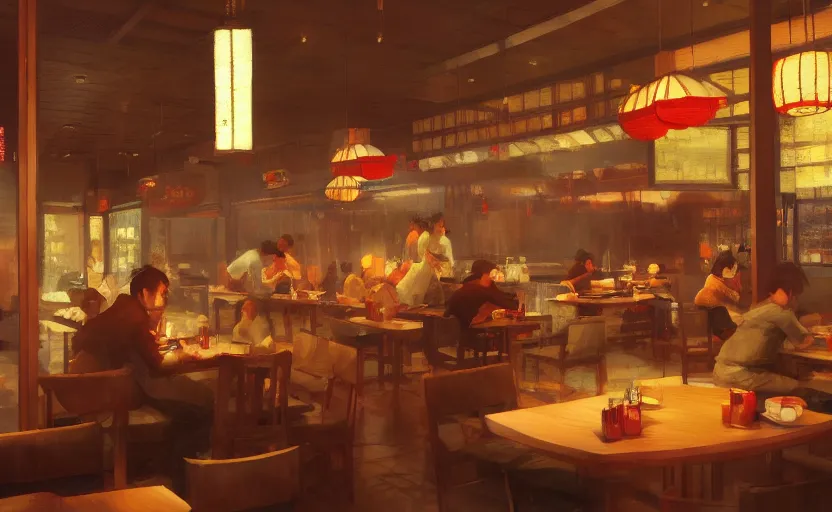 Prompt: a busy Japanese restaurant interior, painting by Craig Mullins, octane rendering, warm moody lighting, wide angle lens, low view, in the style of Pixar animation, trending on artstation,