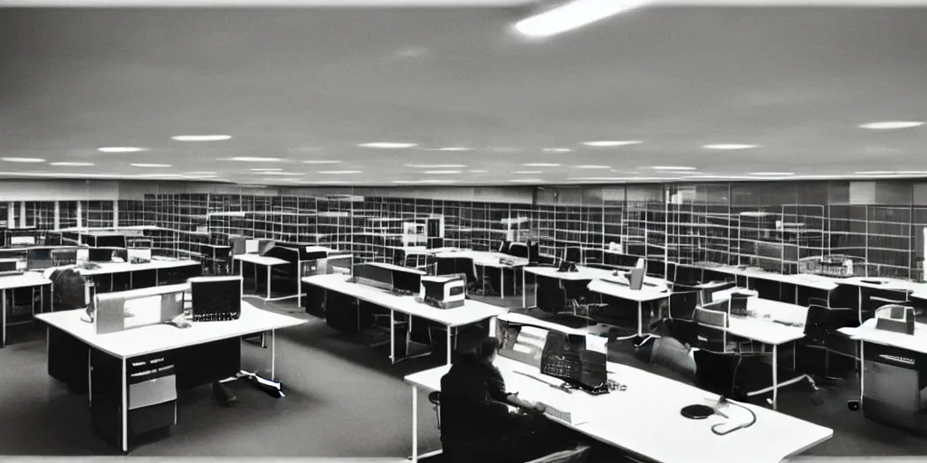 Prompt: a large 1970's computing room with 9-track machines and glowing screens. by IBM by Amdahl.