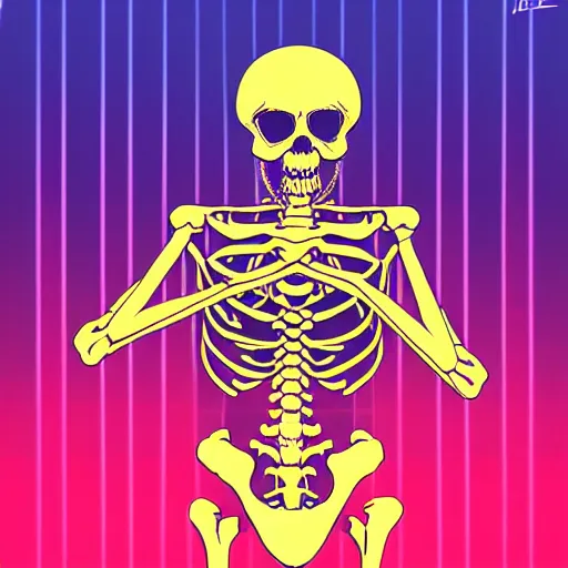 Image similar to a skeleton in cyberspace, his hands behind his back detailed, outrun, synthwave, vaporwave, complimenting color scheme