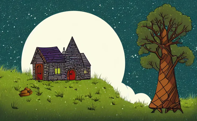 Image similar to a witch's cottage on a lonely hill against a giant moon, color ink, flat, vector