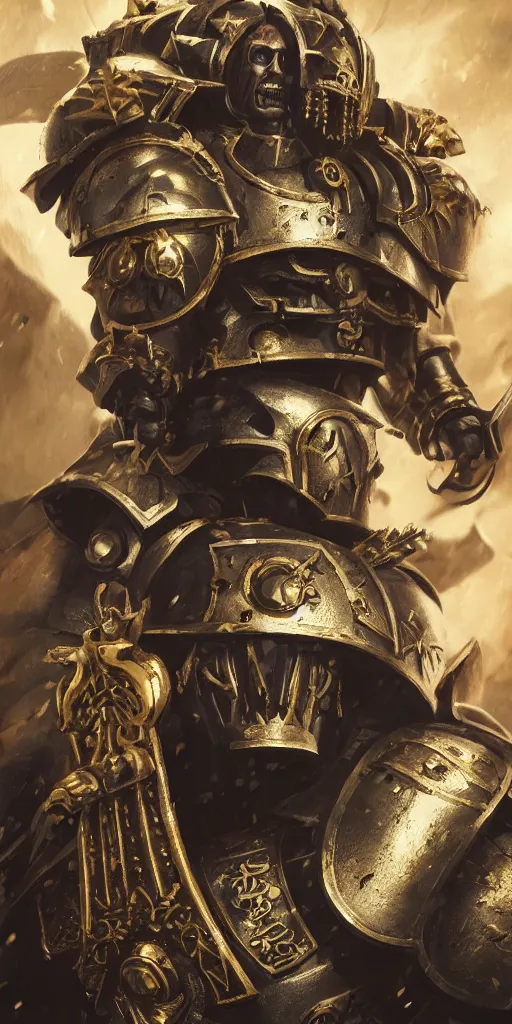 Image similar to warhammer 40k, half-lenght portrait of Emperor of Mankind, beautiful man without helmet, gold armor, beautiful face, long blonde hair, digital art, illustration, fine details, cinematic, highly detailed, octane render