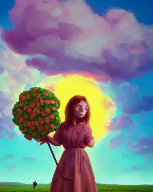 Image similar to girl with a giant carnation as face, surreal photography, flower field, sunset dramatic light, impressionist painting, colorful clouds, blue sky, digital painting, artstation, simon stalenhag