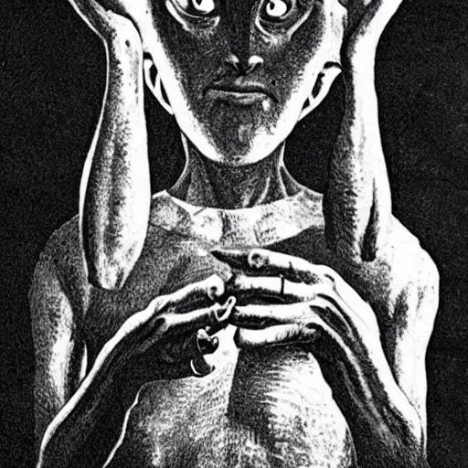 Prompt: the scary figure from Pans labyrinth, with the eye balls in hands