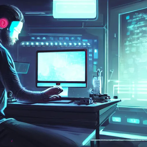 Image similar to realistic successful man typing on laptop in gaming room, artstation trends, cyberpunk concept art, highly detailed, intricate, sharp focus, digital art, 8 k