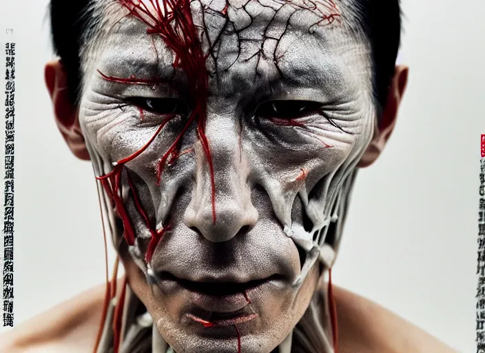 Image similar to mid shot portrait of samurai with transparent skin, visible muscle and bones and veins and nerves and internal organs, in the style of david cronenberg, high fashion, id magazine, realistic, sharp focus, 8 k high definition, film photography, photo realistic, insanely detailed, by david kostic and stanley lau and artgerm