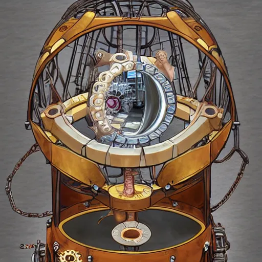 Prompt: a steampunk hamster engineer running inside a hamster wheel that looks like a cog connected to other cogs, highly detailed, photorealistic, artgerm, wlop, moebius, sharp focus, hd, 8 k, intricate