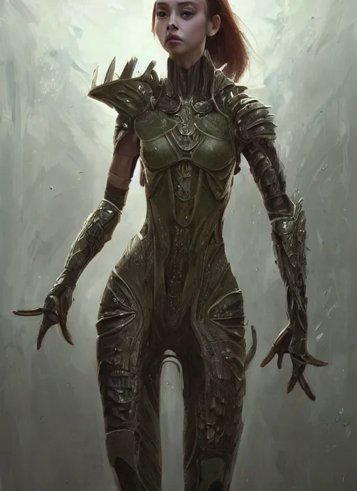 Image similar to a professional painting of a beautiful young female alien, clothed in ethereal armor, olive skin, long dark hair, beautiful bone structure, symmetrical facial features, intricate, elegant, digital painting, concept art, smooth, sharp focus, illustration, from Valerian and the City of a Thousand Planets, by Ruan Jia and Mandy Jurgens and Artgerm and William-Adolphe Bouguerea