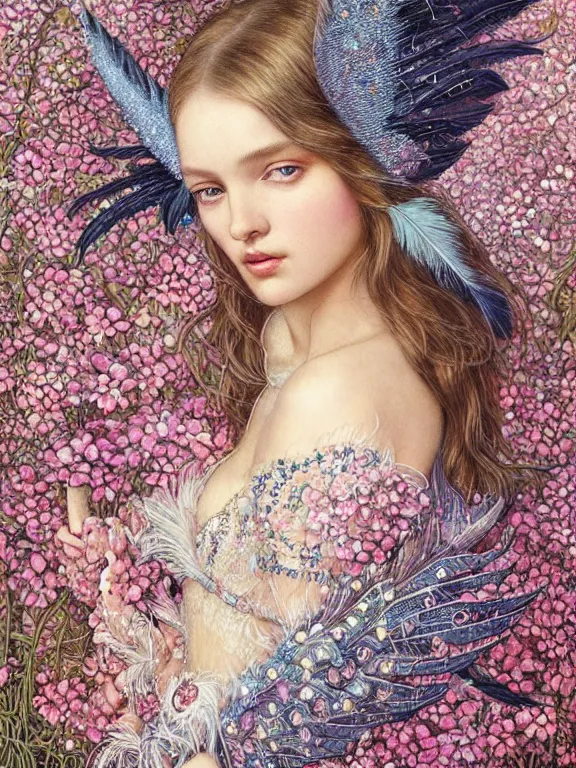 Image similar to a 65mm portrait of an Victoria's Secret angel who wearing embellished sequined feather-adorned wings at flower bushes,by tom bagshaw,Cedric Peyravernay,Cedric Peyravernay,marie spartali Stillman,William Morris,Dan Mumford,trending on pinterest，maximalist,glittering,feminine