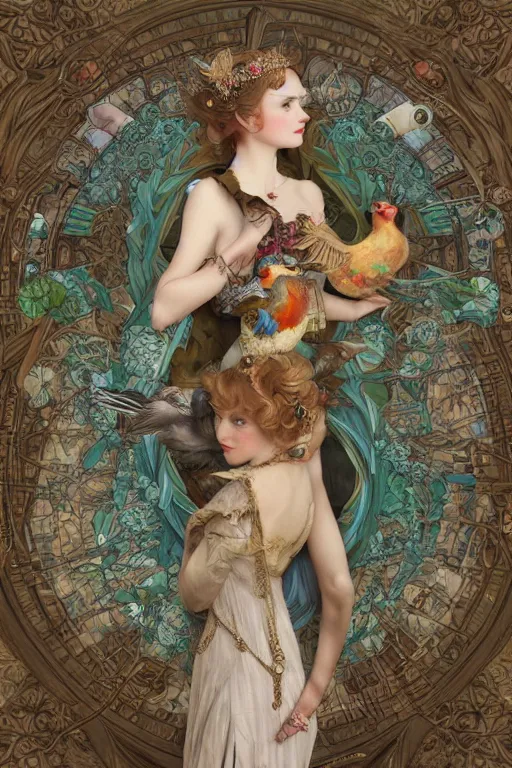 Image similar to zoomed in 3 d render of english princess holding birds, ornaments, mucha vibe, dieselpunk, solarpunk, artstation