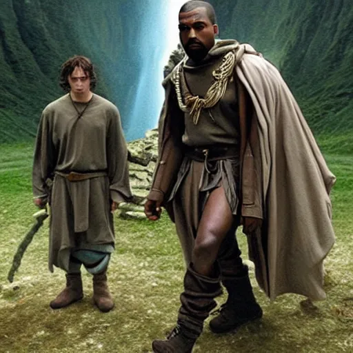 Image similar to kanye west on a quest in lord of the rings