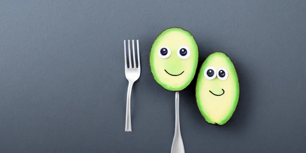 Image similar to cute little smiling avocado robot with cute eyes and forks instead of arms, logo style