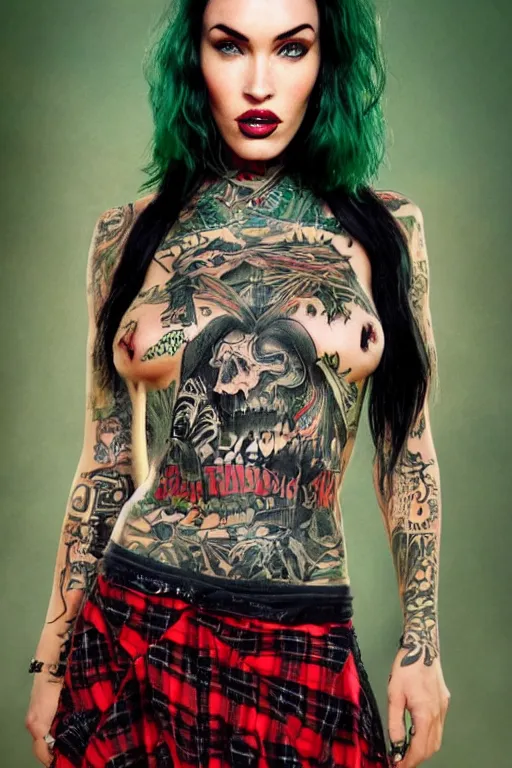 Image similar to upper body portrait megan fox as a punk woman with green mohawk, covered in neotraditional style tattoos, wearing a bold tees shirt, fishnets and a long tartan skirt, intimidating, max details, hyperrealistic, photorealistic, ultra - realistic, ultra - detailed, cinematic, 8 k resolution by alan lee