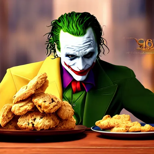 Image similar to cinematic shot of the joker sitting at a table with a plate of biscuits and chicken, 8 k, very detailed, very intricate,
