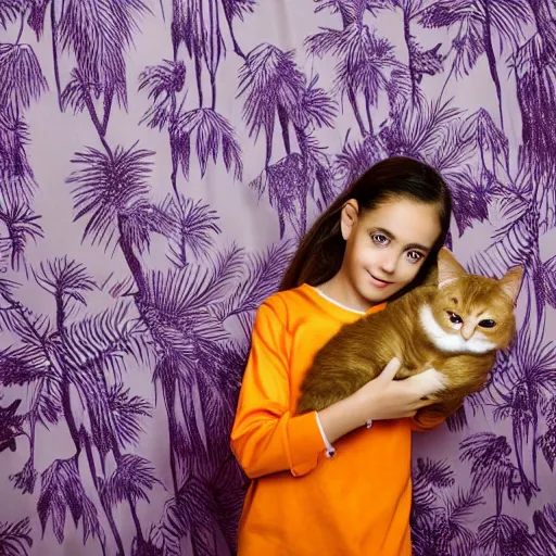 Prompt: portrait photo of a slim girl with 1 0 year old, light brown hair, brown eyebrows, brown eyes, pretty eyelashes, holding an orange persian cat sitting in a queen size bed, daylight from big window with an araucaria tree outside, green and light purple flowers wallpaper