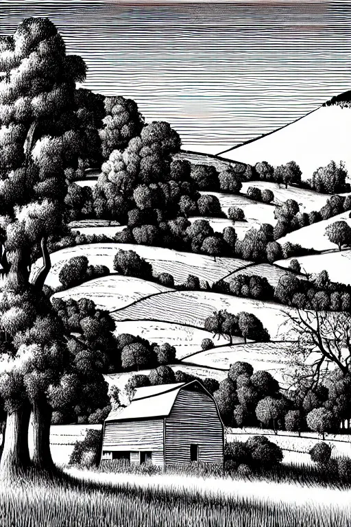 Prompt: realistic barn in pastoral field with trees and hills, art by james o barr and albrecht durer, expresionistic engraving, black and white, vector, vector art