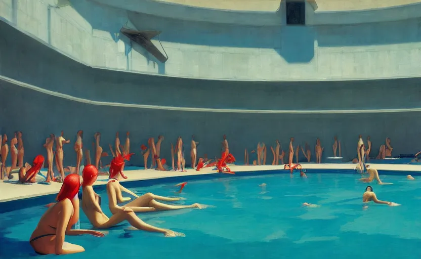 Image similar to Inside a big pool and ladies in bikini, very coherent, painted by Edward Hopper, Wayne Barlowe, painted by James Gilleard, airbrush, art by JamesJean