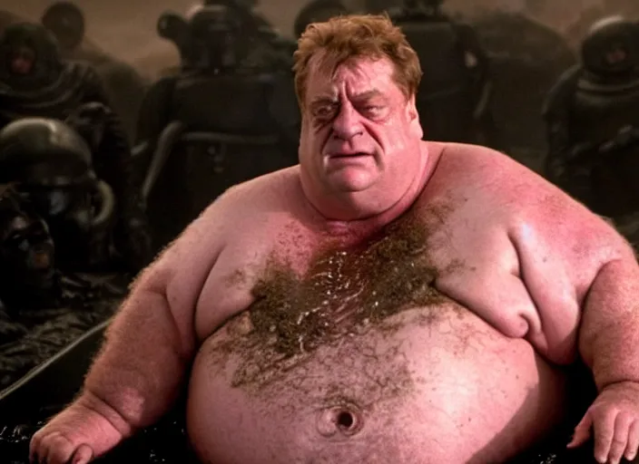 Image similar to john goodman as baron harkonnen in a black oil bath in a still from the film Dune (2021)