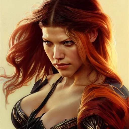 Prompt: beautiful Katheryn Winnick as Spider-Woman, western, closeup, D&D, fantasy, intricate, elegant, highly detailed, digital painting, artstation, concept art, matte, sharp focus, illustration, art by Artgerm and Greg Rutkowski and Alphonse Mucha