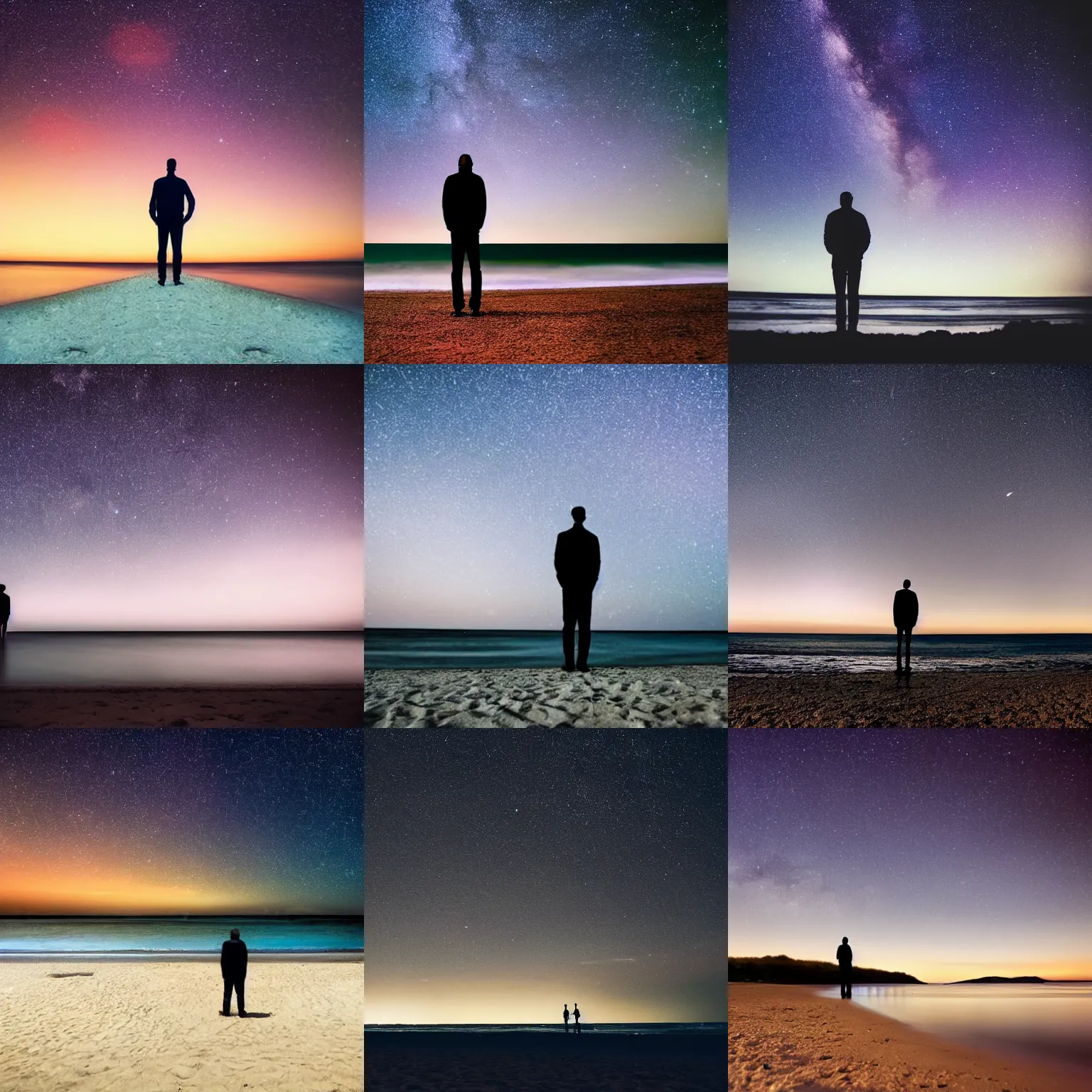 Prompt: A man stand alone, infront of a beach, beautiful night sky, stars, dark