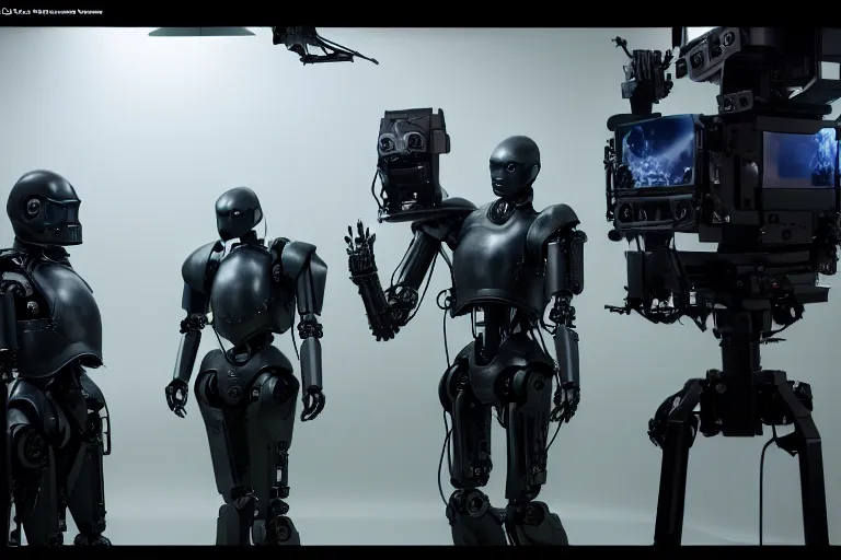 Image similar to vfx film, behind the scenes, on location, set design, on set, making of, film production, game of thrones robots, robot army, flat color profile low - key lighting award winning photography arri alexa cinematography, hyper real photorealistic cinematic, atmospheric cool colorgrade