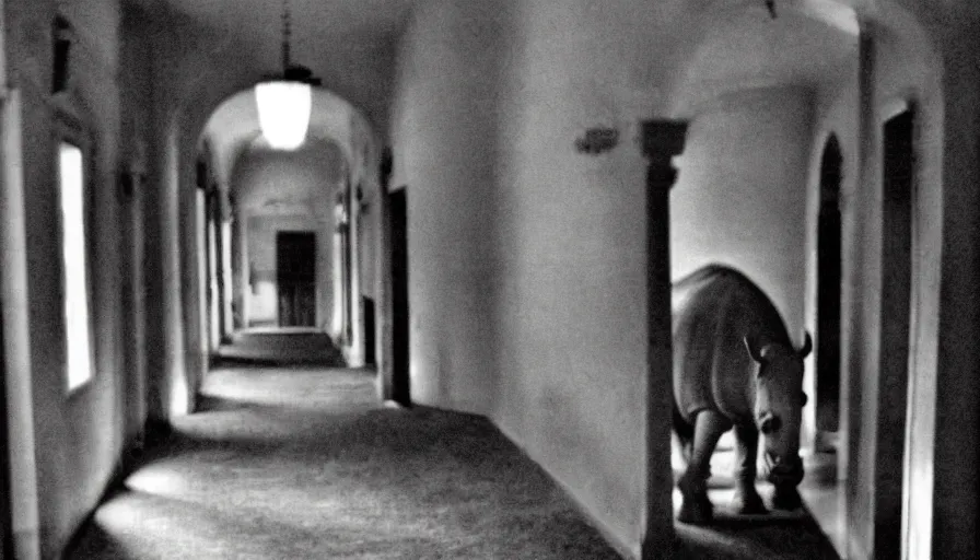 Image similar to a rhinoceros in a stalinist style house corridor, by mini dv camera, very very low quality, heavy grain, very blurry, accidental flash, caught on trail cam