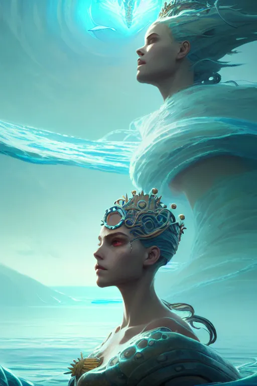 Image similar to queen of the sea, mysterious, serene, highly detailed, digital painting, artstation, concept art, smooth, clear focus, illustration, unreal engine 5, 8 k, works by ross tran, greg rutkowski and edgar maxence