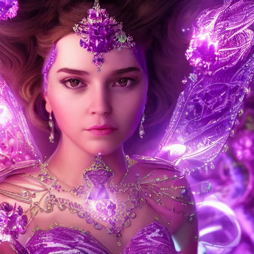 Image similar to portrait princess of amethyst, glowing, ornate and intricate purple jewelry, jaw dropping beauty, glowing background lighting, purple accent lighting, hyper detailed, fairy tale, 4 k octane render