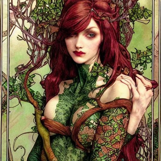 Image similar to a beautiful and detailed magic the gathering card of a seductive poison ivy as an elf druid, dark eyeliner, intricate, elegant, highly detailed, digital painting, artstation, concept art, matte, sharp focus, illustration, art by rebecca guay and by arthur rackham and by alphonse mucha and by john william waterhouse