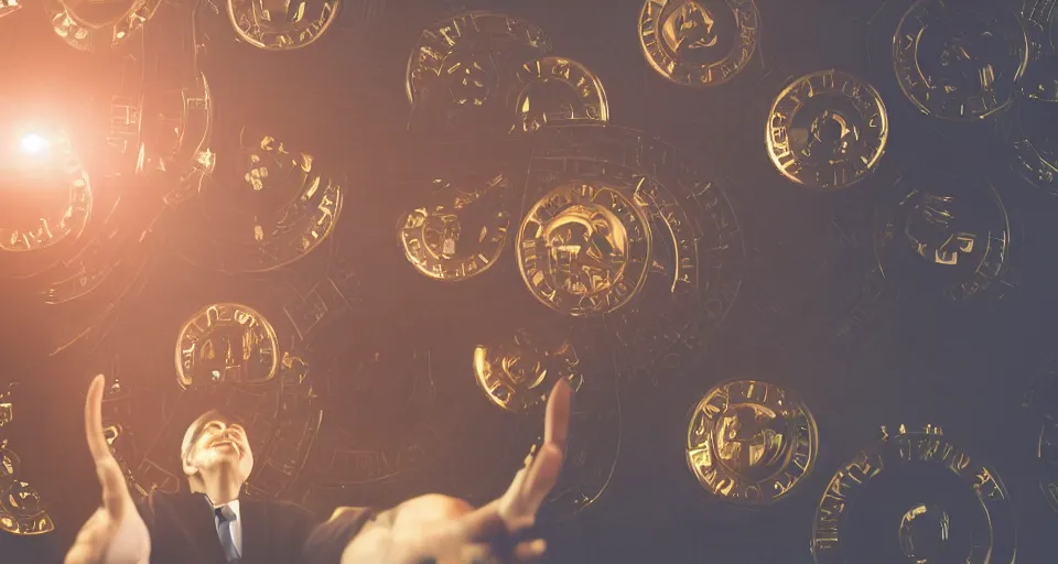 Image similar to Dramatic photo of a CEO waving goodbye to silhouettes of his coworkers in a futuristic office. Golden coins are levitating all around them. 8k, high detail, trending on Artstation, volumetric lighting, cyberpunk